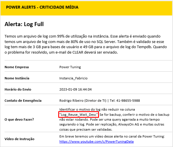 Cabeçalho do alerta de Log Full no Power Alerts